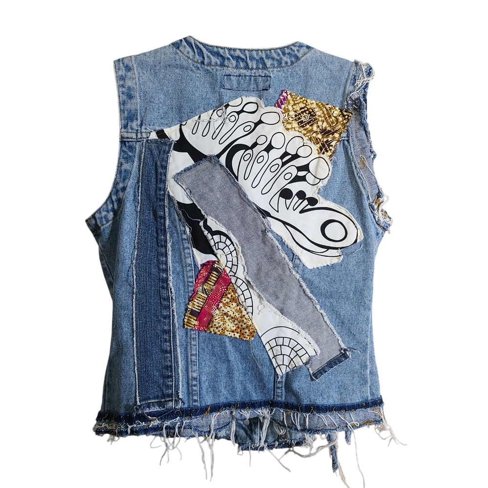 VTG 90s Request Jean Patchwork Distressed Denim Vest Women M Cotton Maximalist